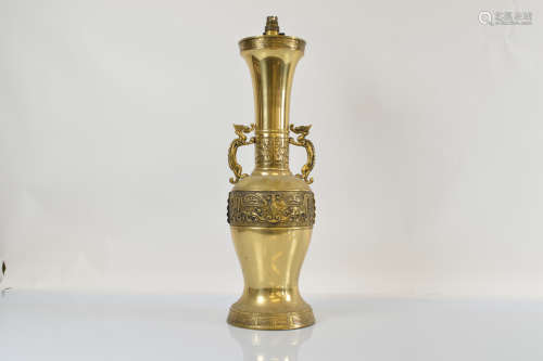 A large Chinese brass dragon twin handled lamp base, of tape...
