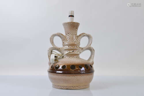 A West German style fat lava twin handled pottery table lamp...