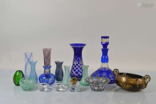 A collection of coloured glassware, including a Bohemian twi...