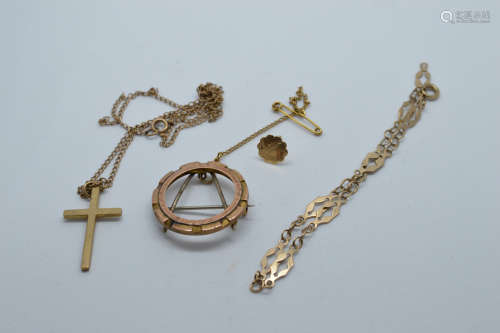 A small collection of 9ct gold, including bracelet, cross an...