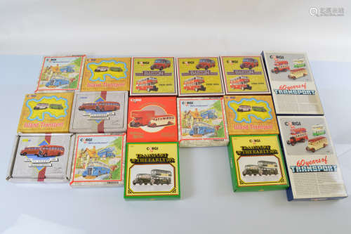 Sixteen Corgi bus and commercial vehicle sets, including 60 ...