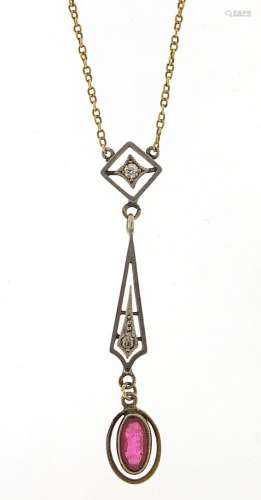 15ct gold and platinum diamond and pink stone pendant neckla...