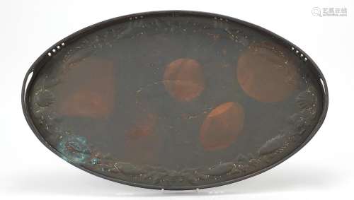 Newlyn, Arts & Crafts copper gallery serving tray embossed w...
