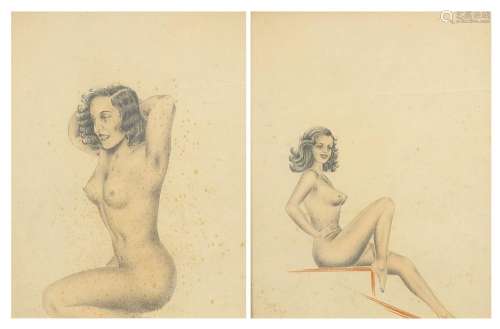 Nude females, pair of early 20th century mixed medias, frame...