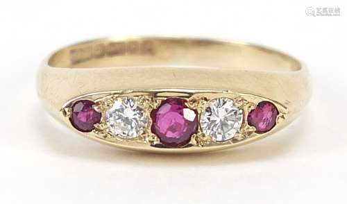 9ct gold ruby and diamond five stone ring, size L, 2.3g