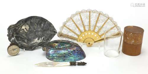Objects including a German compass, silver mounted abalone d...