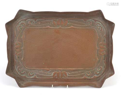 Rectangular Arts & Crafts copper tray embossed with stylised...