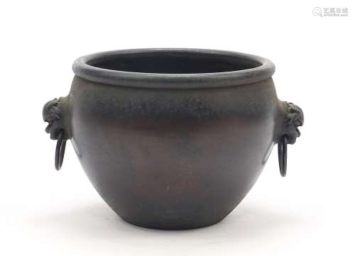 Chinese patinated bronze censer with animalia ring turned ha...