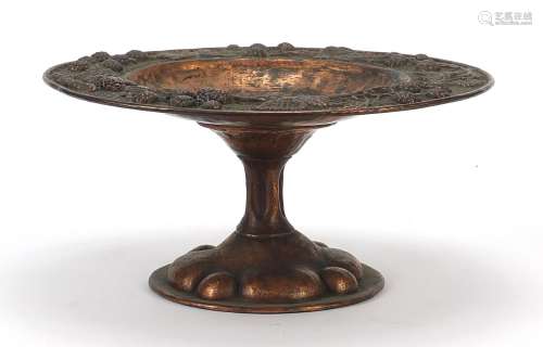 Arts & Crafts copper pedestal dish embossed with butterfly a...