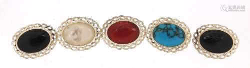 Five silver cabochon stone brooches including turquoise and ...