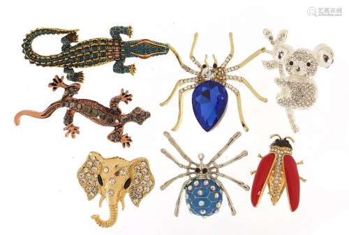 Seven jewelled and enamel animal and insect brooches includi...