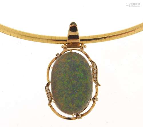 14ct gold opal and diamond pendant on an 18ct gold Omega pat...