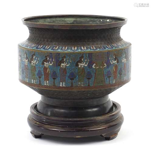 Large Chinese Egyptian revival cloisonné planter on carved h...