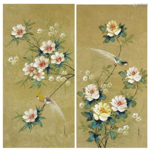 Birds amongst flowers, pair of Chinese watercolours with cal...