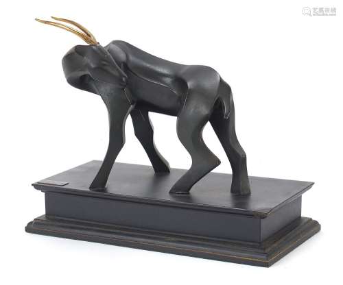 Modernist patinated bronze study of a stylised gazelle raise...