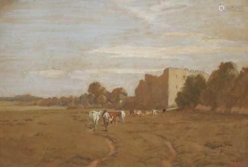 Cecil Ross Burnett - Driver and cattle before a castle, wate...