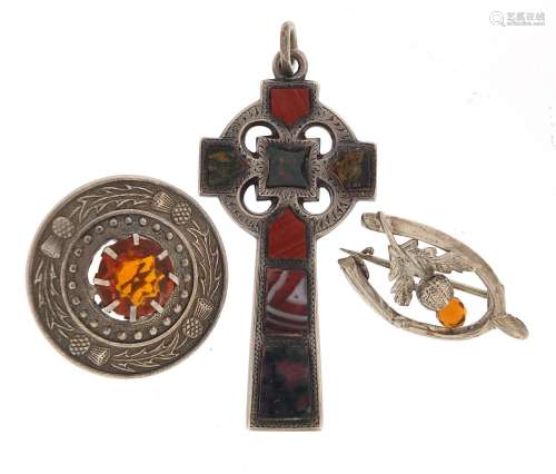 Scottish unmarked silver agate cross pendant and two citrine...