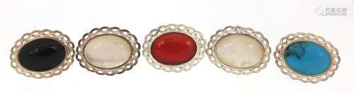 Five silver cabochon stone brooches including turquoise and ...