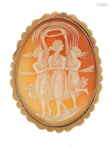 9ct gold mounted cameo brooch depicting Three Graces, 5.2cm ...