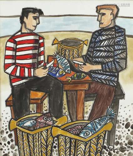 Style of John Minton - Fishermen gutting fish, watercolour a...