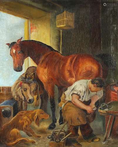 Farrier shoeing a horse, antique oil on canvas, mounted and ...