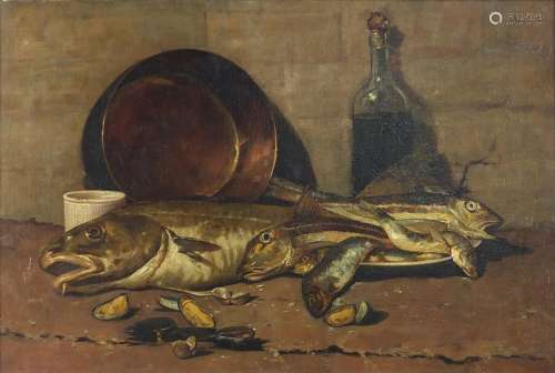 Still life fish, copper pan, bottle, and shells, antique oil...