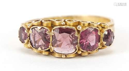 Victorian 15ct gold almandine garnet five stone ring with fl...