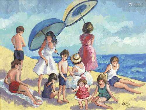 Manner of Martha Walter - Figures on a beach, oil on board, ...
