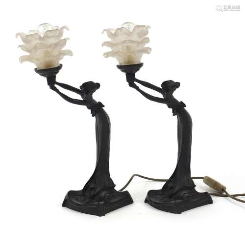 Pair of Art Nouveau style maiden design table lamps each wit...