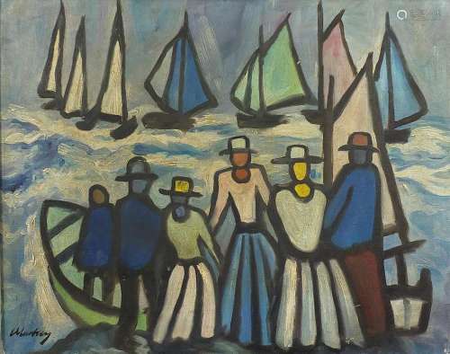 Manner of Markey Robinson - Figures before fishing boats, Ir...