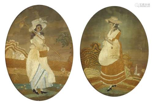 Pair of Georgian oval silk panels embroidered with females, ...