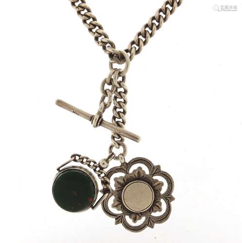 Silver watch chain with T bar, jewel and bloodstone fob, 36c...