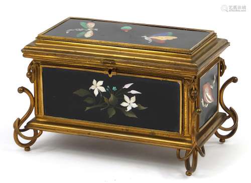 Italian brass and pietra dura table casket inlaid with insec...