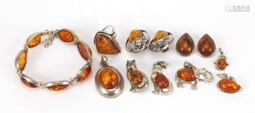 Silver and amber jewellery including bracelet, earrings and ...