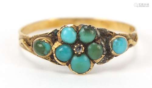 Antique unmarked gold turquoise and diamond ring, size N, 1....