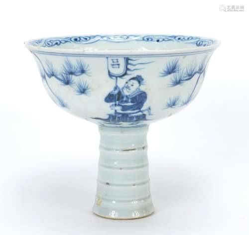 Chinese blue and white porcelain stem bowl hand painted with...