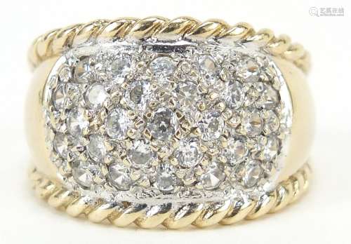 Large 9ct gold clear stone cluster ring with rope twist desi...
