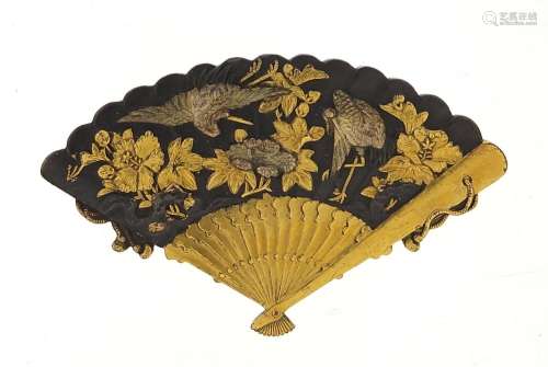 Japanese Shakudo fan brooch decorated in relief with storks ...