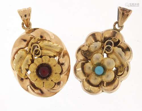 Two Continental 800 grade silver gilt flower pendants, 4cm h...