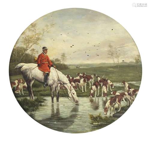 Huntsman with hounds, 19th century circular oil on board, fr...