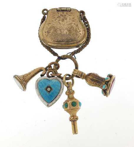 Antique gold coloured metal fobs, watch key, locket in the f...
