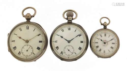 Two gentlemen's silver open face pocket watches and one ladi...