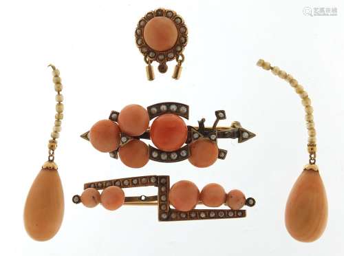 Antique unmarked gold, coral and seed pearl jewellery includ...