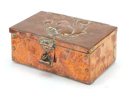 John Pearson, Arts & Crafts copper casket embossed with a sq...