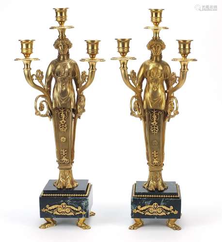 Large pair of French Empire style gilt bronze figural three ...