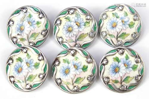 Set of six sterling silver buttons enamelled with flowers, e...