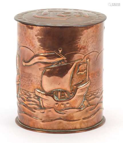 Newlyn, Arts & Crafts copper tea caddy embossed with three s...