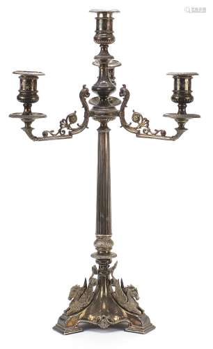 19th century silver plated four branch candelabra with reede...