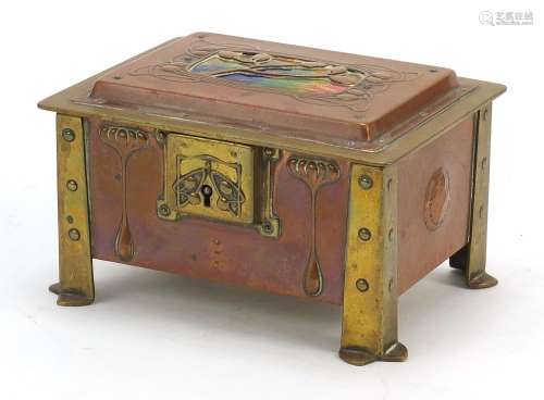 Arts & Crafts enamel, copper and brass casket with embossed ...