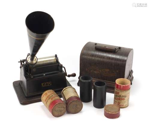 Thomas Edison oak cased phonograph with horn and three reels...